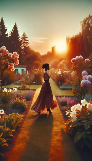 Elegant Black Woman in Flowing Dress at Sunset Garden