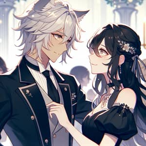 Romantic Silver-Haired Man and Black-Haired Woman at Joyful Party