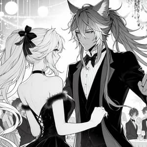 Elegant Male Character with Catlike Ears and Long Hair - Romantically Poses with Woman in Black Dress at Party