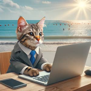 IT Professional Cat in Business Attire | Seaside Workstation