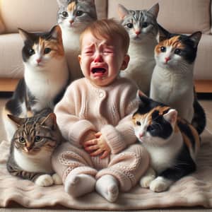 Upset Infant Comforted by Cats - Heartwarming Scene