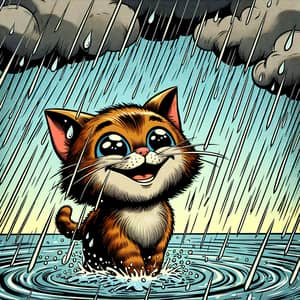 Comic Cat in Rain | Illustrated Joyful Feline Art