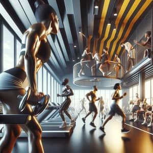 Diverse Gym Scene with Weightlifting, Jogging, and Basketball Activities