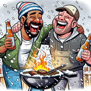 Winter Barbecue Fun: Hispanic & Caucasian Men Laughing with Beers