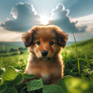 Brown Puppy in Lush Meadow | Serene Sunlit Scene