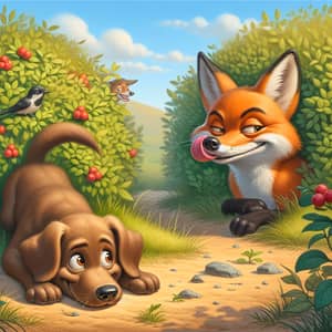Curious Puppy Encounters Cunning Fox in Playful Landscape