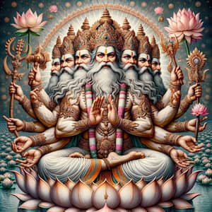 Lord Brahma: Three-Faced Divine Figure in Lotus Pose