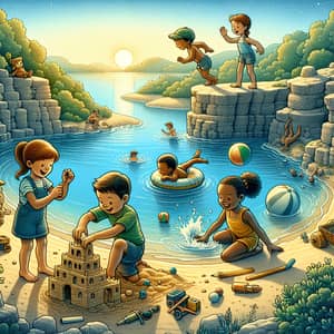 Cartoon Scene of Children Playing in Lagoon