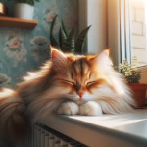 Fluffy Cat Lounging on Sun-Kissed Windowsill