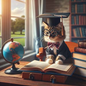 Studious Cat in Glasses | Desk Study Scene with Books & Globe