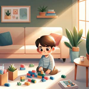Young Hispanic Boy Playing Indoors with Building Blocks