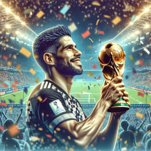 Latin American Football Player Triumphs with World Cup Trophy