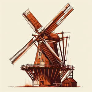 Technical Illustration of a Windmill in Brown and Orange Colors