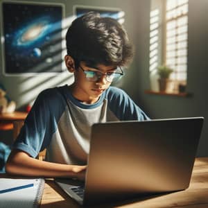 Serene South Asian Boy Studying with Laptop at Wooden Desk
