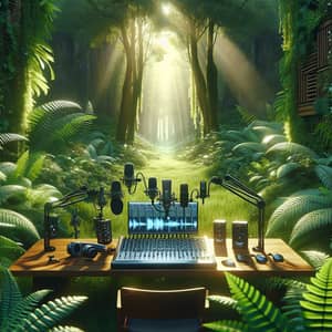 Podcast Desk in Lush Forest: Modern Composition Art