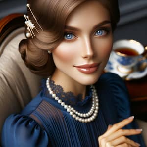 Elegant Caucasian Lady in Royal Blue Dress with Pearl Necklace