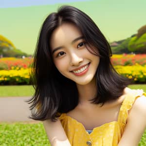 Young East Asian Girl in Yellow Summer Dress Smiling in Park