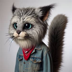 Punk Rock Humanoid Cat in Grey Fur - Unique Hybrid Creature