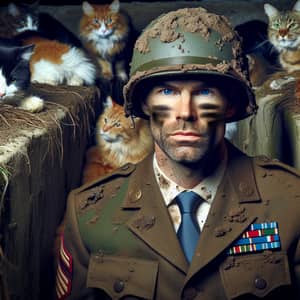 Unrecognized Male Politician as Assault Soldier in Trench with Cats
