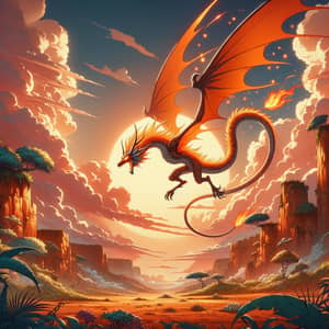 Mythical Anime-Inspired Landscape with Orange Dragon