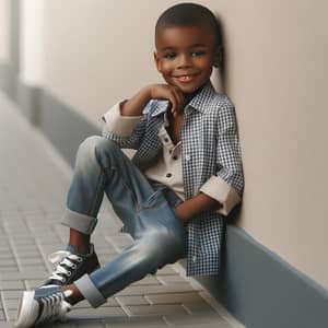 Charming Young Black Boy Leaning Against Wall