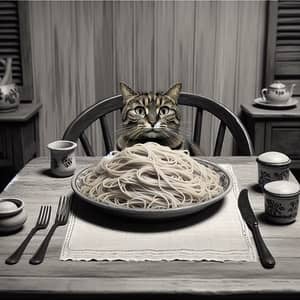 Amusing Cat at Table with Spaghetti | Cute & Funny Image