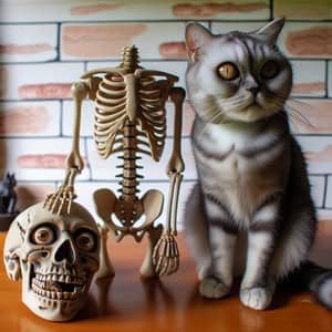 Headless Skeleton Next to Cat