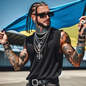 Stylish Rapper Waves Ukraine Flag | Modern Hip-Hop Style