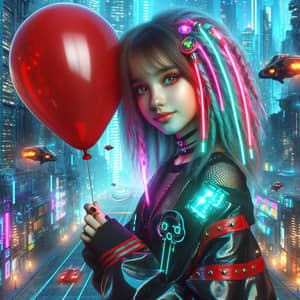 Futuristic Cyberpunk Female with Red Balloon in Neon Cityscape