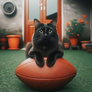 Black Cat on Football - Playful Feline Picture