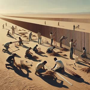 Diverse Group Building Perimeter Fence in Desert Landscape