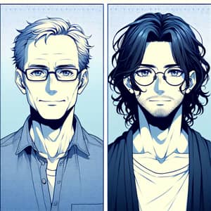 Anime-Style Image of Two Youthful 45-Year-Old Men in Blue Tones