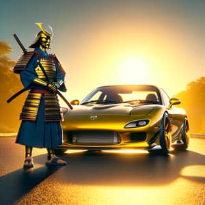 Stunning Yellow Mazda RX-7 with Samurai Standing By