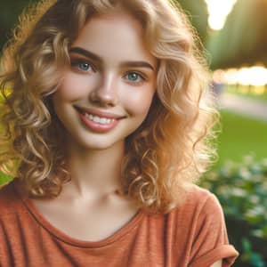 Beautiful Caucasian Girl with Shiny Golden Curly Hair | Serene Park Setting