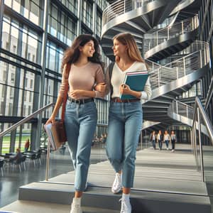 Modern Academic Diversity: Student Camaraderie on Spiral Staircase