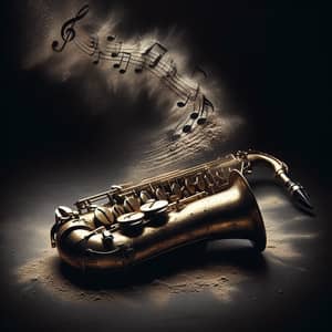 Vintage Saxophone with Dusty Notes on Black Background