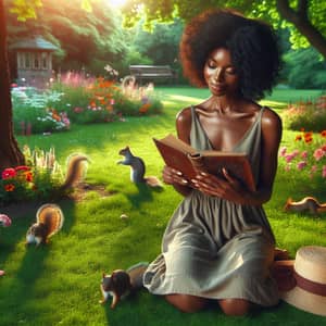 Tranquil Park Scene with Mid-Aged Black Woman Reading Outdoors