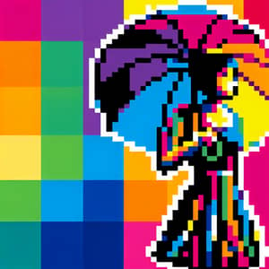 Pixelated Digital Illustration of Caucasian Girl under Multicolored Umbrella