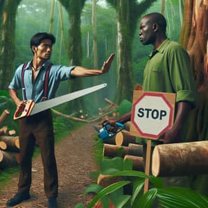Stop Deforestation Message: Man Halts Tree Cutting