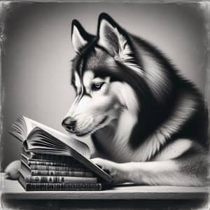 Majestic Husky Reading: Vintage Monochromatic Photography