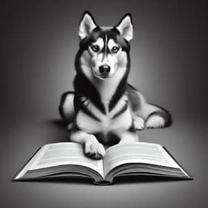 Curious Husky Reading Book - Intellectual Canine Storytime