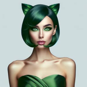 Beautiful Woman with Green Cat Ear Hair in Elegant Dress