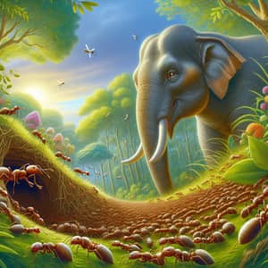 Ants and Elephant Interaction in a Lush Jungle Setting
