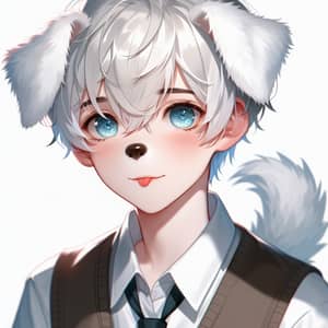 Semi-Realistic Boy with Dog Ears, Tail, White Hair, Blue Eyes