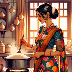 Traditional South Asian Woman Cooking Rice in Vibrant Sari