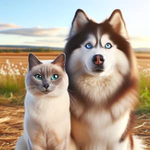 Siberian Husky and Siamese Cat: Endearing Companions in Sunny Field