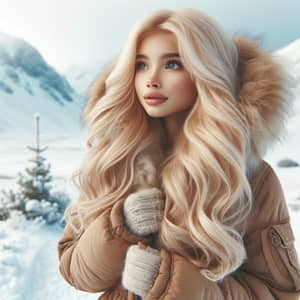 Enchanting Girl with Blonde Hair in Snowy Mountain Landscape