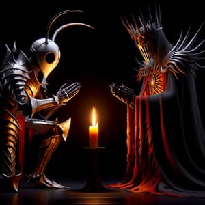 Armored Warrior Figures Bowing in Eerie Candlelight