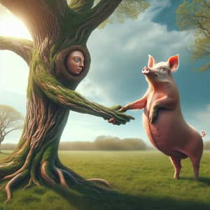 Surreal Scene: Pig Handshaking Tree | Fantasy Atmosphere