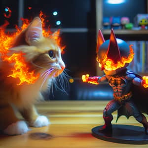 Cat with Fiery Aura Battles Superhero in Bat-Themed Costume